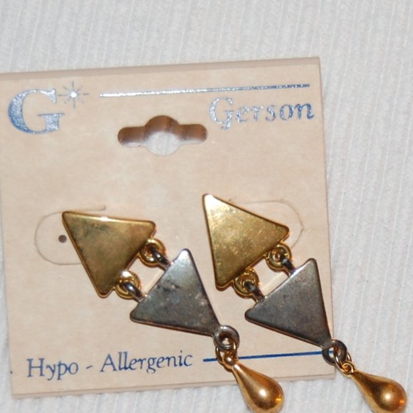 Gerson Hypo Allergenic Gold /Silver Tone Triangle Post Earrings 2' Long - Picture 5 of 6